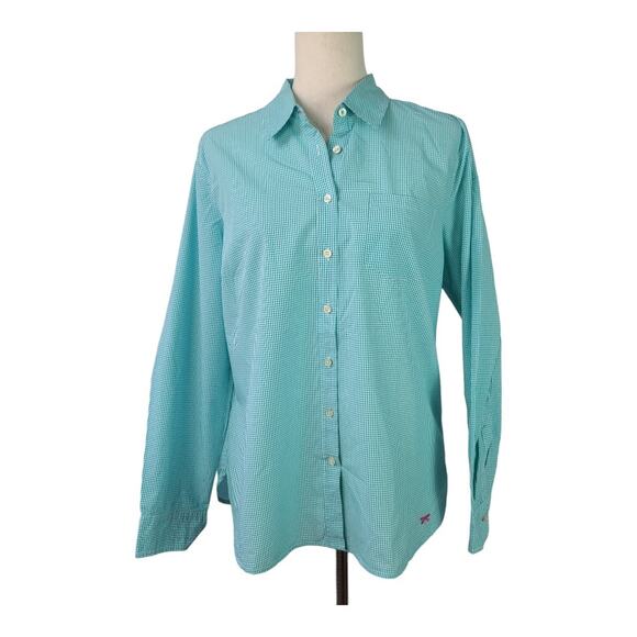 Talbots Blue White Check Button Down Women's Top Shirt Embroidered Dragonfly L - Picture 1 of 5